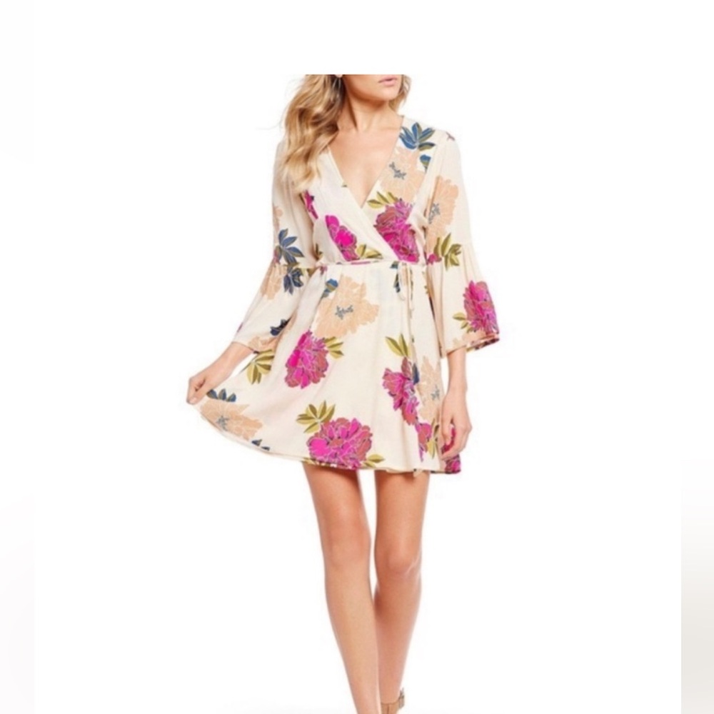 Billabong Pink Divine Floral 3/4 sleeve mini dress with Tan Accents
